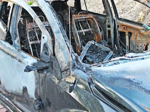 A Completely Burnt Out Car That I Saw After Coming Home From The Gym. Looks As If Someone Threw A Molotov