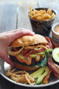 do-not-touch-my-food:  Bacon Burgers with BBQ Mayo and Onion Strings