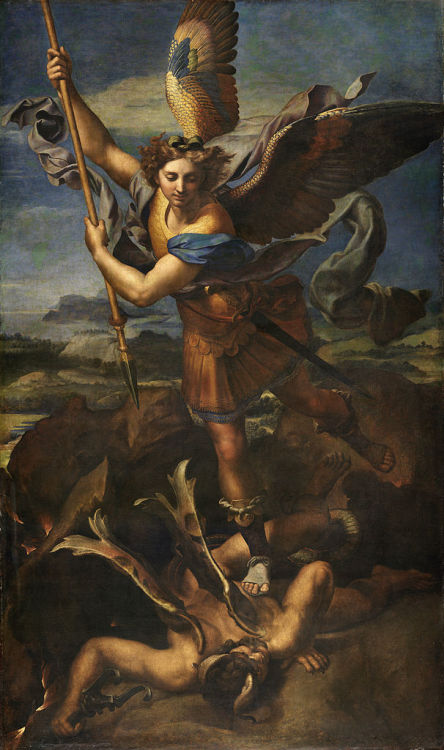 themusewithinthemusewithout:   Le Grand Saint Michel ( Archangel Michael defeating evil), by Raphael (Raffaello Sanzio). Year, 1518.    Location, Louvre, Paris. 