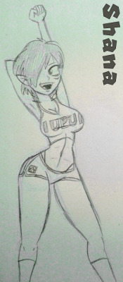 mdfive-art:  Here’s Shana, wearing a modified version of an IUPUI Jaguars basketball jersey that Lorelei gave her the other day as a gift. It doesn’t exactly fit as well as it should, but I doubt Shana sees that as a problem :) How I drew the jersey