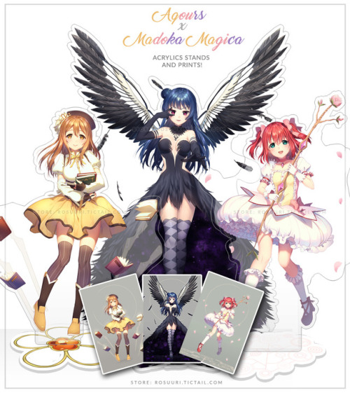 I added new merch to my Tictail store~!Aqours x Madoka Magic stands and printsFire emblem charms and