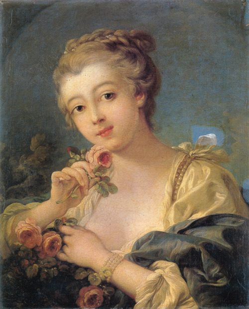 a-l-ancien-regime: Young Woman with a Bouquet of Roses Francois Boucher Oil on canvas Private collec
