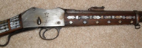 A pearl inlaid (most likely Afghan) British short lever Martini Henry breechloading carbine, dated 1
