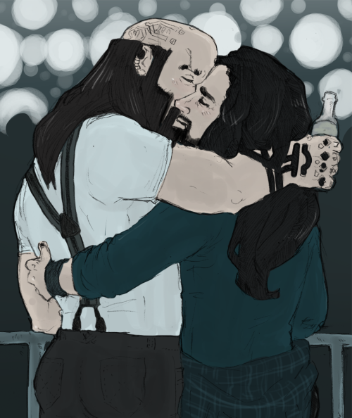 ladynorthstar:  fanarting Dread’s biker AU because it’s the best thing ever. Dwalin and Thorin smooching during a concert. just because. yep. 