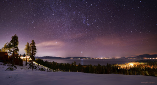 Vibrant winter stars over Lake Tahoe, a week ago. Thats Siriuss bright reflection on the water! js