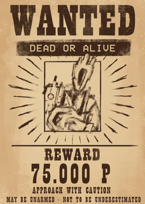 A wanted poster for Minos Prime, drawn as a loose silhouette. The text below him proclaims he is wanted dead or alive, with a reward of 75000 P. May be unarmed, not to be underestimated.