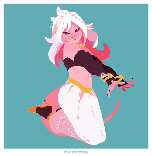 Android 21/Majin belongs to Dragonball FighterZ . Artwork by Meredith McClaren[Description: An illus