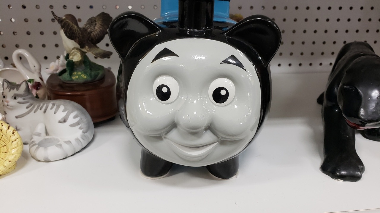 shiftythrifting: A quite horrifying Thomas the Tank Engine piggy bank, courtesy of