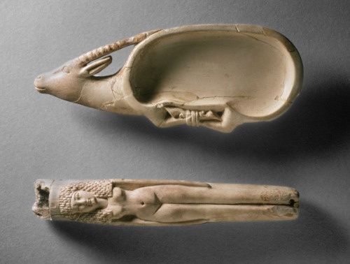 grandegyptianmuseum:Kohl tube in the form of a nude female and cosmetic dish in the form of an ibex 