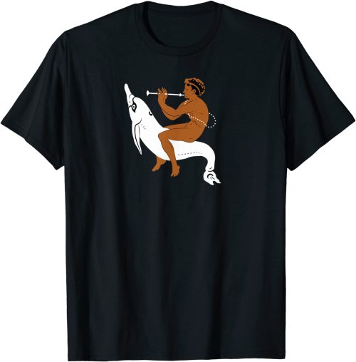  Our t-shirt design “Etruscan youth playing the flute and riding a dolphin” is now avail