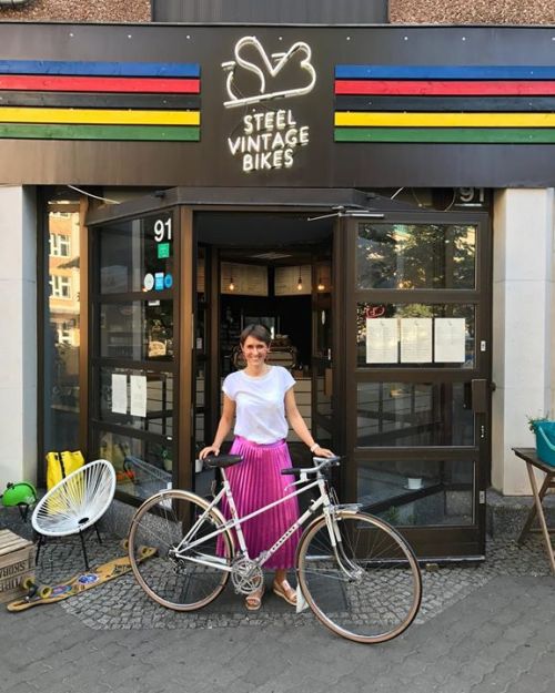 steelvintagebikes: Julia with her new vintage Peugeot mixte bike #steelvintagebikes #peugeot #bicycl