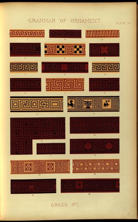 heaveninawildflower:  Greek ornament illustrations from ‘The Grammar of Ornament’ by Owen Jones with one hundred folio plates, drawn on stone by F. Bedford, and printed in colours by Day and Son (1856). With contributions by J.B. Waring, J.O. Westwood,