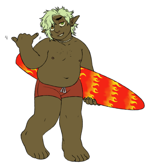 rennington: surf’s up, chumps! [twitter] [image description: a drawing of Taako, a chubby dark