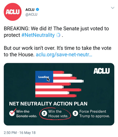 sci-fi-hero:joanwaatson:In a 52-47 decision, the Senate has voted to save net neutrality.I’ve seen literally zero posts 
