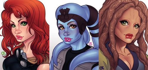 gunkiss:  15 Women of Star Wars In Order: Sia-Lan Wezz, Aayla Secura, Aurra Sing, Mara Jade, Mission Vao, T’ra Saa, Barriss Offee, Ahsoka Tano, Darth Talon, Shaak Ti, Padmé Amidala, Asajj Ventress, Princess Leia Organa, Juhani, Bastila Shan. This went