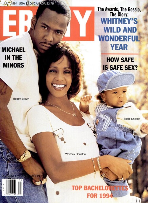 Whitney Houston, Bobby Brown, and their daughter Bobbi Kristina, for EBONY Magazine. July 1994.