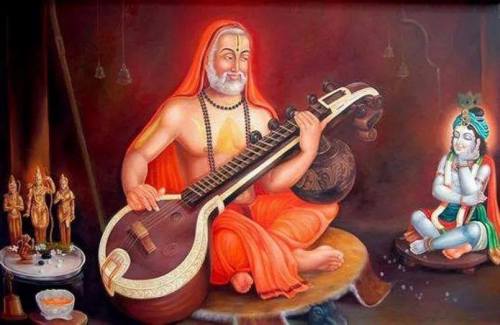 arjuna-vallabha:Raghavendra Swami plays veena to his Lord Sri Krishna