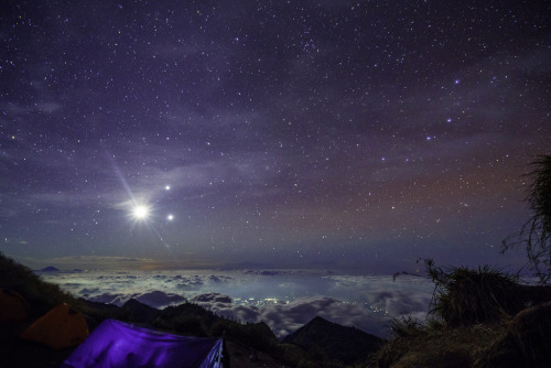 just–space: The moon shining over a volcano - Rinjani, Lombok, Indonesia js