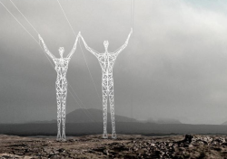 sixpenceee:  The Land of the Giants, Electrical pylons transformed into statues walking along the Icelandic landscape.