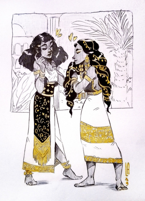 Two gay Mahiu girls flirting for Inktober #9 || bic pen, metallic gold unipen, cold grey 5 promarker