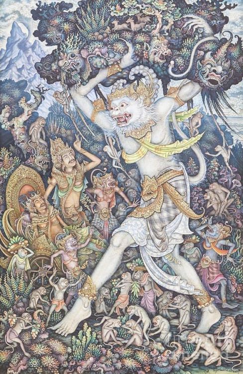 Balinese painting depicting Hanumanji carrying Mt. Dronagiri with the Sanjeevani plant on it.