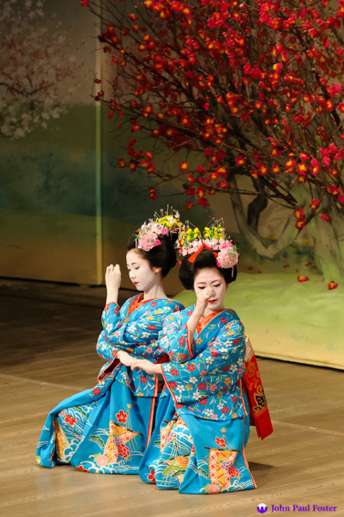 The geisha Mamehana and Sonoe dance in scene two of the 2012 Miyako Odori in Kyoto, Japan. Photograp