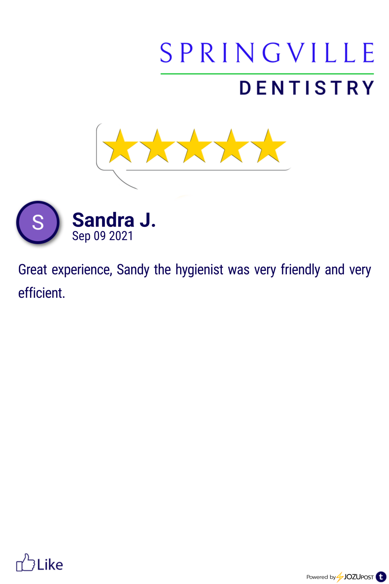 We appreciate our patients!
Here is our latest Five-Star Review from Sandra J. We love to recognize those patients that take the time to fill out a review and let us know how we are doing.
Here is what Sandra J. had to say: “Great experience, Sandy...