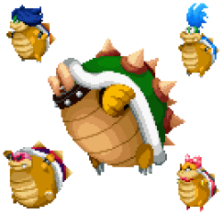 suppermariobroth: In Mario &amp; Luigi: Paper Jam, Bowser and four of the Koopalings retreat into their shells during battle as part of an attack. Here are the last frames of animation before they fully retract their heads and limbs. look at wendy, that