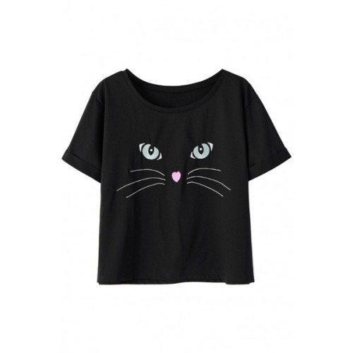 Black Cat Face Print Boxy Tee OASAP.COM (see more cat print t shirts)