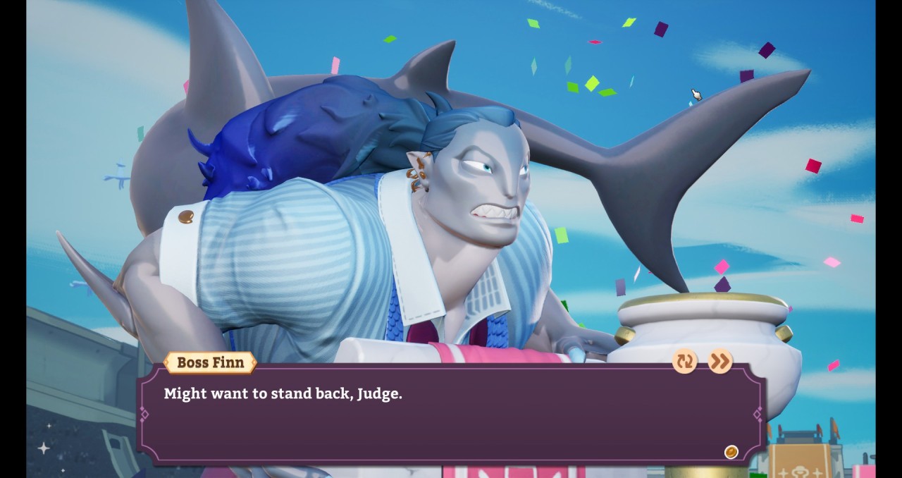 An image of Boss Finn in a threatening pose. He stands at a podium in a competition. A text box in front of him reads 'Might want to stand back, judge.'