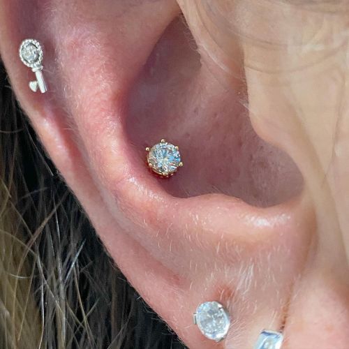 Brand new conch piercing with @junipurrjewelry yellow gold crown. Let’s get you in for your next pie