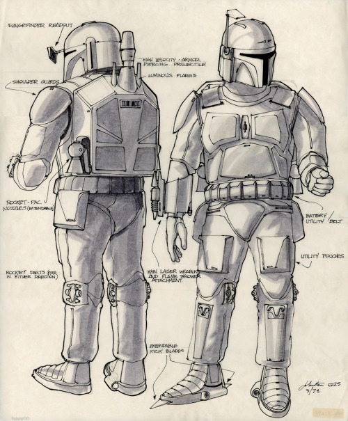 starwars:  This early concept for Boba Fett, created by Joe Johnston, shows the Bounty Hunter in all white armor used later in screen-testing. 