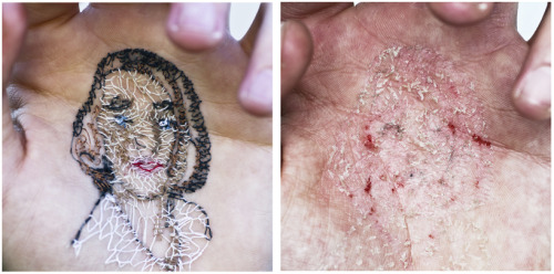 sixpenceee:Spanish artist David Catá uses his body as a canvas for writing an autobiographical diar