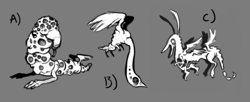 a group of sketches i was using to design a familiar for my warlock in DnD (you can probably guess w