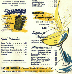 ephemera-phile:  Portion of Drink List on back cover of The Blue Room Supper Menu, The Roosevelt hotel, New Orleans, LA, May 1963 