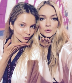 vs-angelwings:  THE VSFS 2014 HAS BEGUN:Eniko Mihalik and Lindsay Ellingson backstage at the VSFS 2014. For all NEW updates related to the show check out our VSFS 2014 tag.