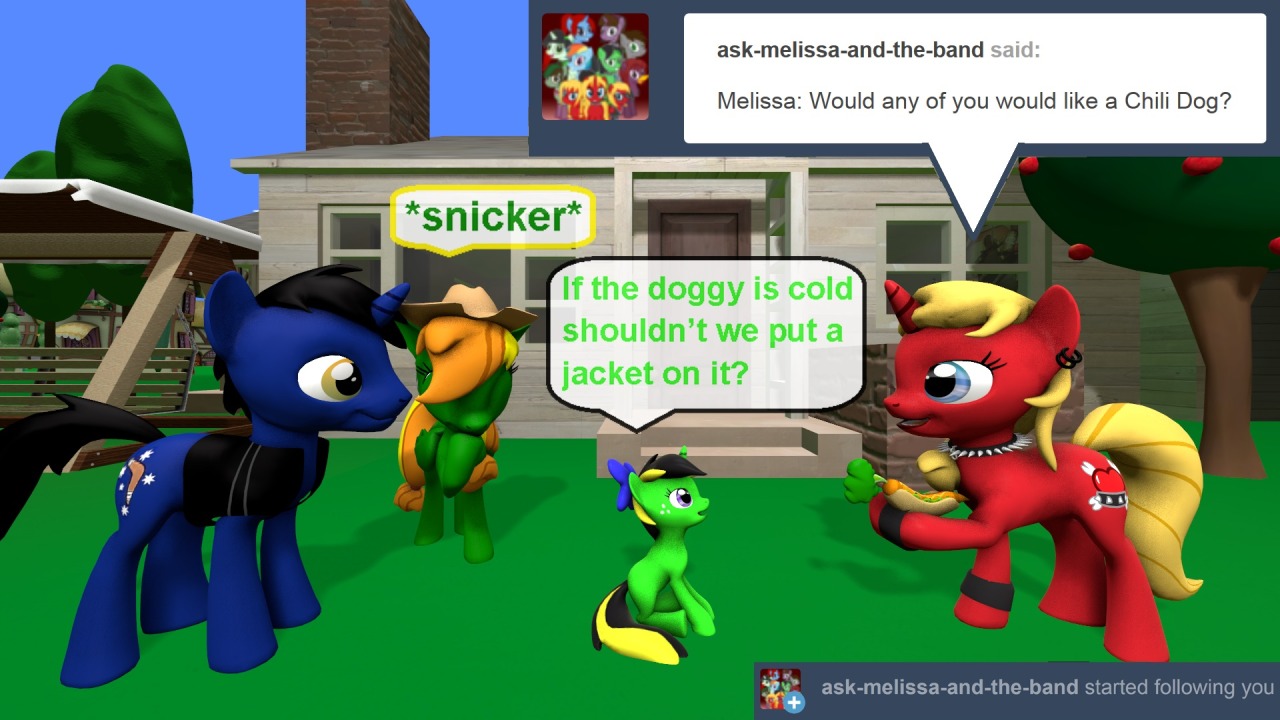 ask-the-out-buck-pony:Asked and followed by @ask-melissa-and-the-band / d-azulrgbx3!