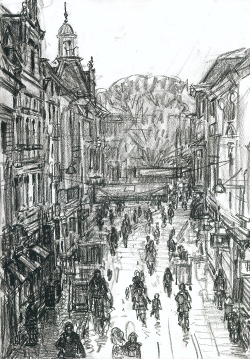 Veemarktstraat , Breda   -   Hans VersfeltDutch, b.1968-Conté on paper , 42 x 30 