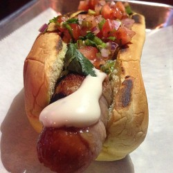 eating-nyc:  Mexican style hotdog aka El Chapo - #bacon wrapped dog with pico de gallo and mayo. #eatingnyc (at Gordo’s Cantina)  #yum