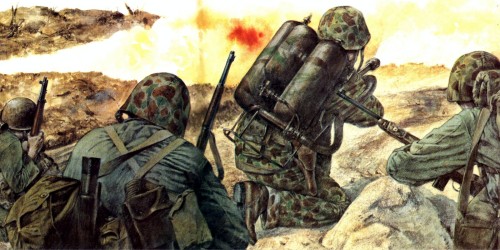 1945 Iwo Jima,  flamethrower Marines - Adam Hook- close up fit to screen