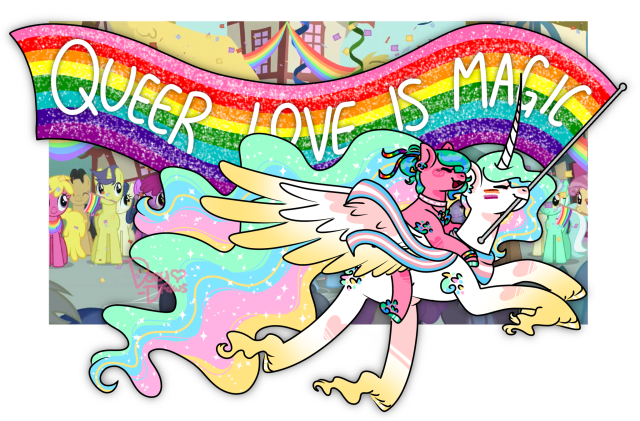 my ponysona Softheart sitting on Princess Celestia's back as she flies. Celestia is holding a large rainbow flag reading "Queer love is magic" and both have big smiles. There is a screencapped pony parade in the background with pride memorabilia drawn on.