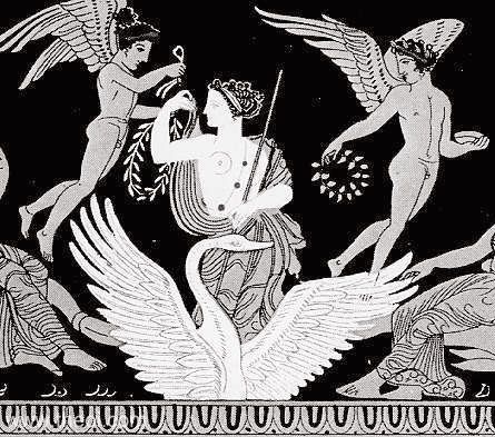Aphrodite rides on the back of the swan accompanied by a pair of winged Erotes (love-gods) holding m