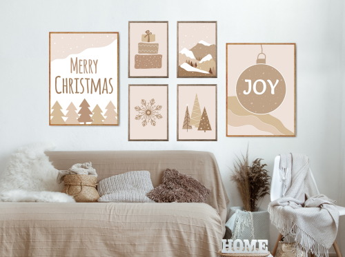  Boho Christmas wall art set of 6 prints, Gallery wall art, Neutral winter mountains with trees, Mod