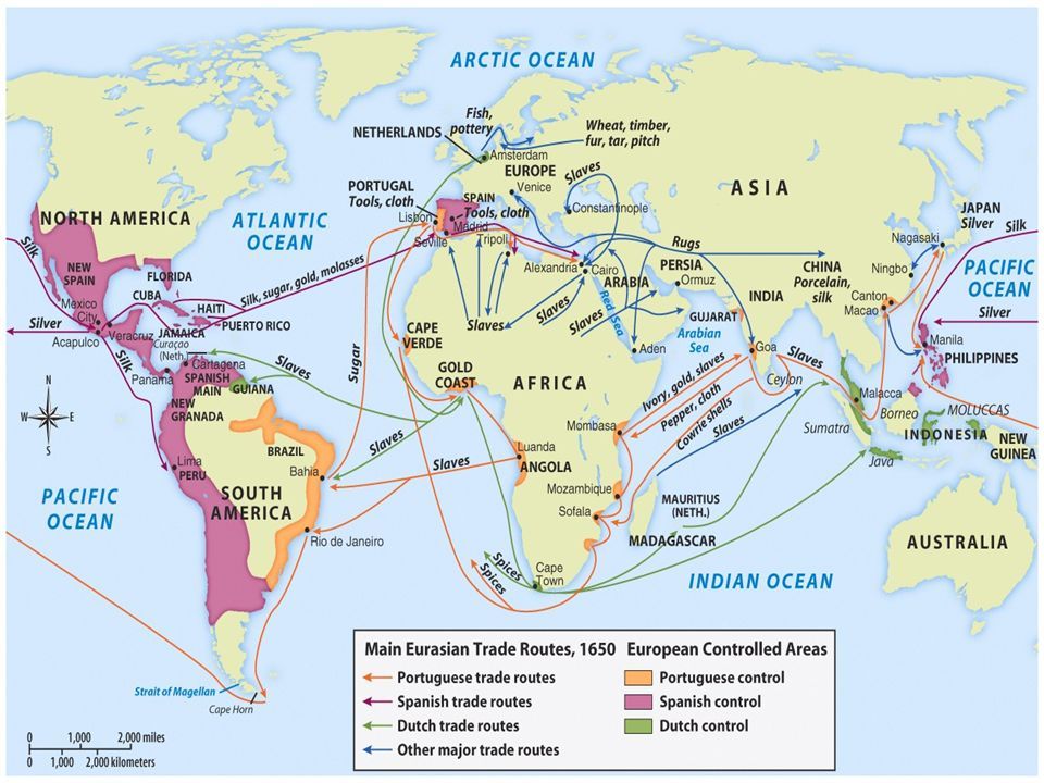 Main Eurasian trade routes, c.1650 - European Controlled Areas.
Source: America’s History, Sixth Edition, © 2008 Bedford/St.Martin’s