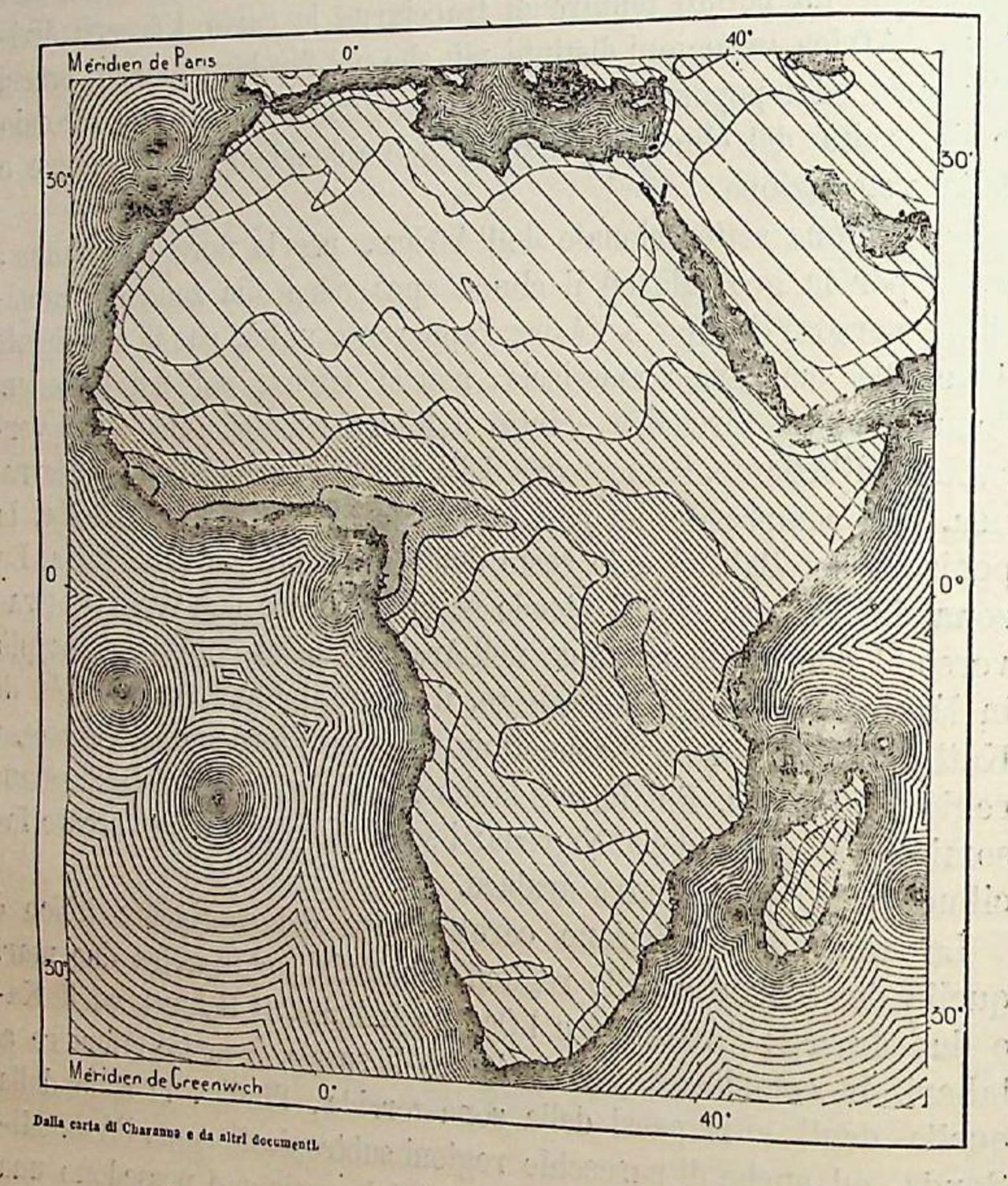 Rainfall in Africa. Nuova Geografia Vol Dieci. 1887.Internet Archive #map#diagram#chart#africa#climate#rainfall#graph#parallel lines#nemfrog#1887#19th century