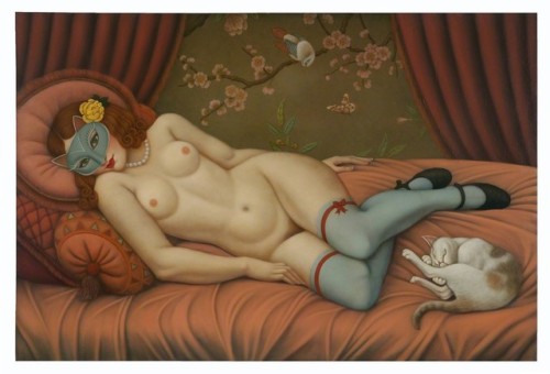 Colette Calascione (American, b. 1971, San Francisco, CA, USA) - Cat Mask  Paintings: Oil on Wood Pa