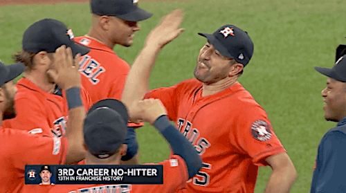 Justin Verlander throws his third career no-hitter, walking one and striking out 14 batters.  T