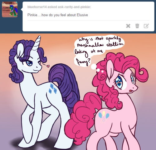 ask-rarity-and-pinkie:  He seems really nice!  But he acts funny around me xP I just don’t understand stallions at all! ~Pinkie  x3