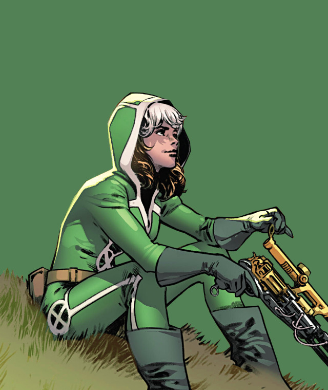an edit of Rogue from Marvel Comics on a darker green background. She is wearing her Uncanny Avengers costume. She is sitting on a grassy hill, legs spread out and looking to her left with a determined expression. She is holding a yellow rifle in one hand and part of it leaning on the grass, cut off from the edge of the image 