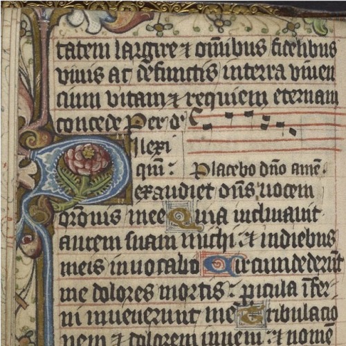 In this book of hours from the mid to late 1400s, an elegantly illuminated initial letter P contains